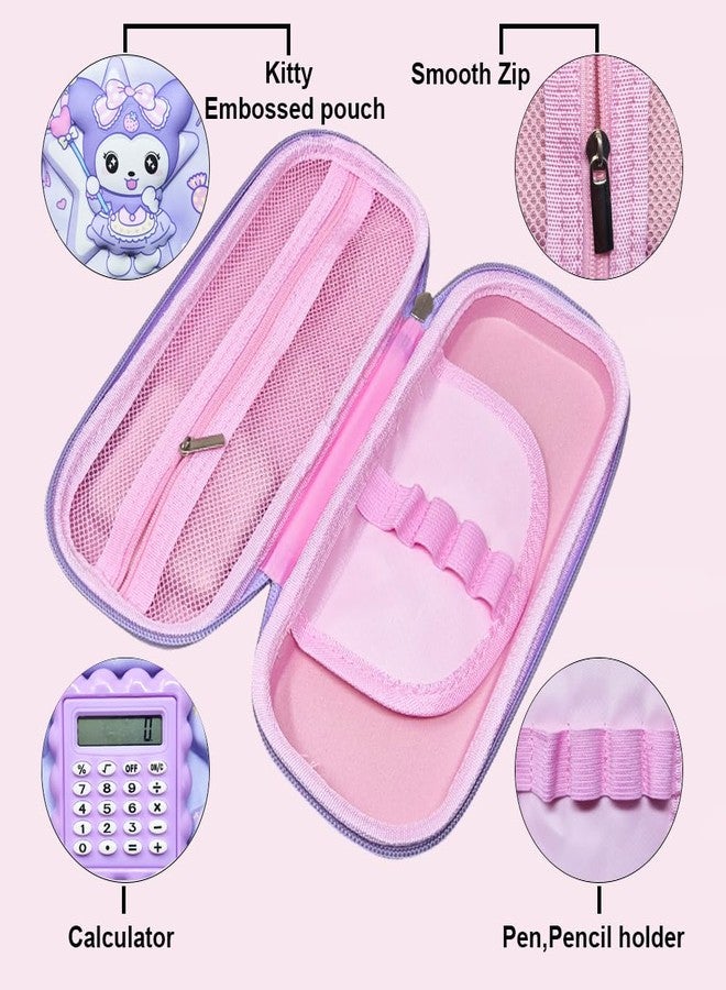 SIDAK Kitty Printed 3D Cover Pencil Case with Calculator | 2 Compartments Pencil Case and Stylish Pen Pencil Holder and School Supply Organizer Pouch for Girls (Purple) - Image 2